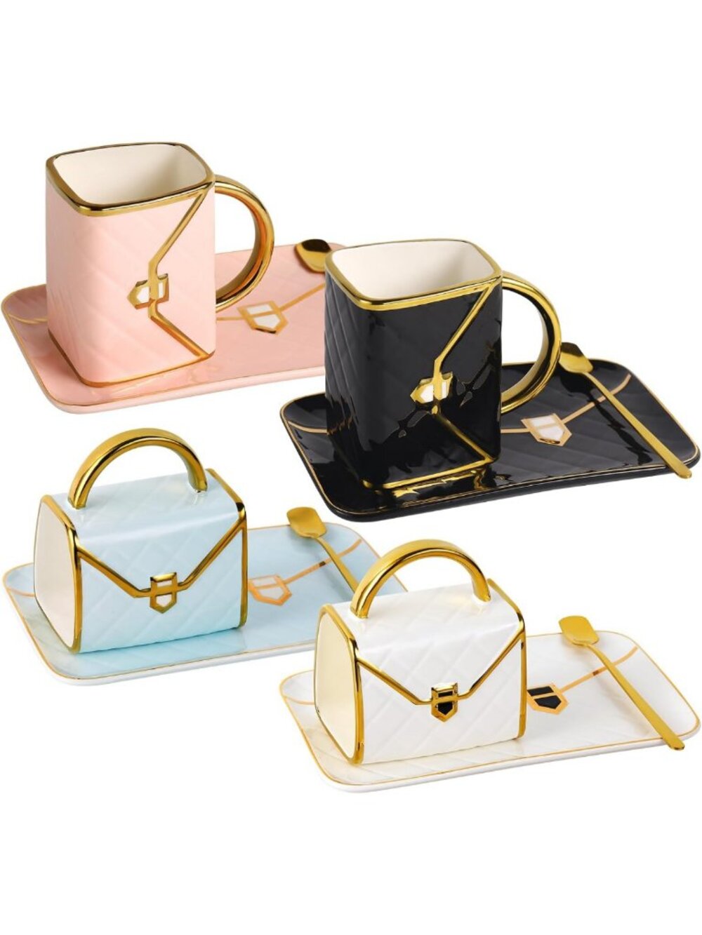 Chic Handbag Coffee Mug Set | 4 Ceramic Cups with Saucers & Spoons - Perfect